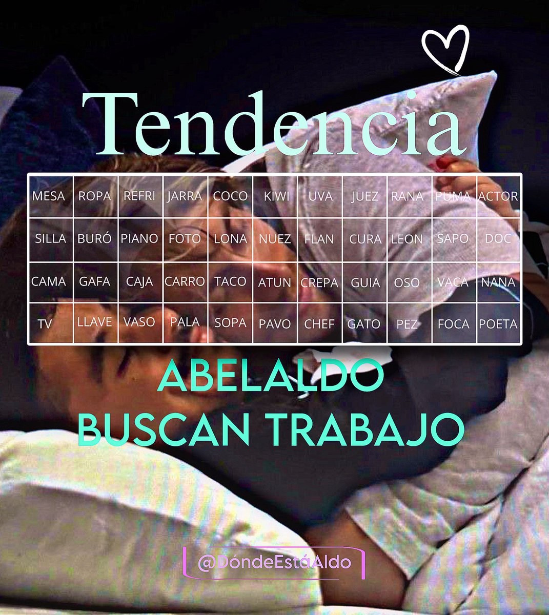 Hermanas: ¡TENDENCIA! 🚨 

TAG — ABELALDO BUSCAN TRABAJO

🔑 Dinámica: comenten la frase y un objeto de la lista (1 objeto por post hasta terminarlos todos).

Recuerden no #, no números y no emojis. Interactúen y RT a todos los comentarios. 

Aquí abajo les dejamos el link ⬇️