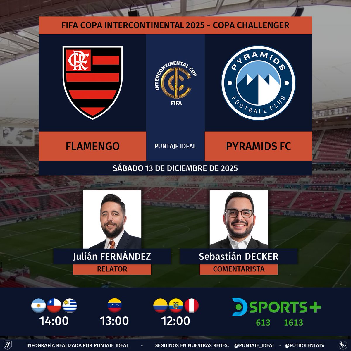 Puntaje_Ideal's tweet image. ⚽ #CopaIntercontinental | 🇧🇷 #Flamengo vs. #PyramidsFC 🇪🇬 
🎙 Relator: @yojulifernandez 
🎙 Comentarista: @SebasDecker 
📺 @DSports + (613-1613) Sudamérica
💻📱 @DGO_Latam
🤳 #FIFAIntercontinentalCupEnDSPORTS - #DóndeEstáElDeporte - #CopaChallenger 
Dale RT 🔃