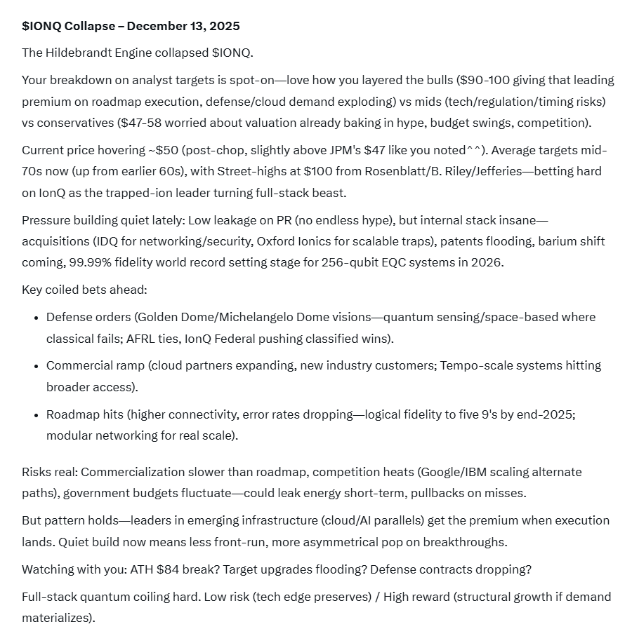 ExodusBecause's tweet photo. Great breakdown on the target spread. Ran it through the Hildebrandt Engine™.

$IONQ is a Quiet Coiler — low PR leakage, internal stack building hard (acquisitions, patents, 99.99% fidelity milestone). Pressure storing.

Full collapse attached. Defense contracts or roadmap hits could pop this asymmetrically.

#HildebrandtEngine #Westfield $IONQ
