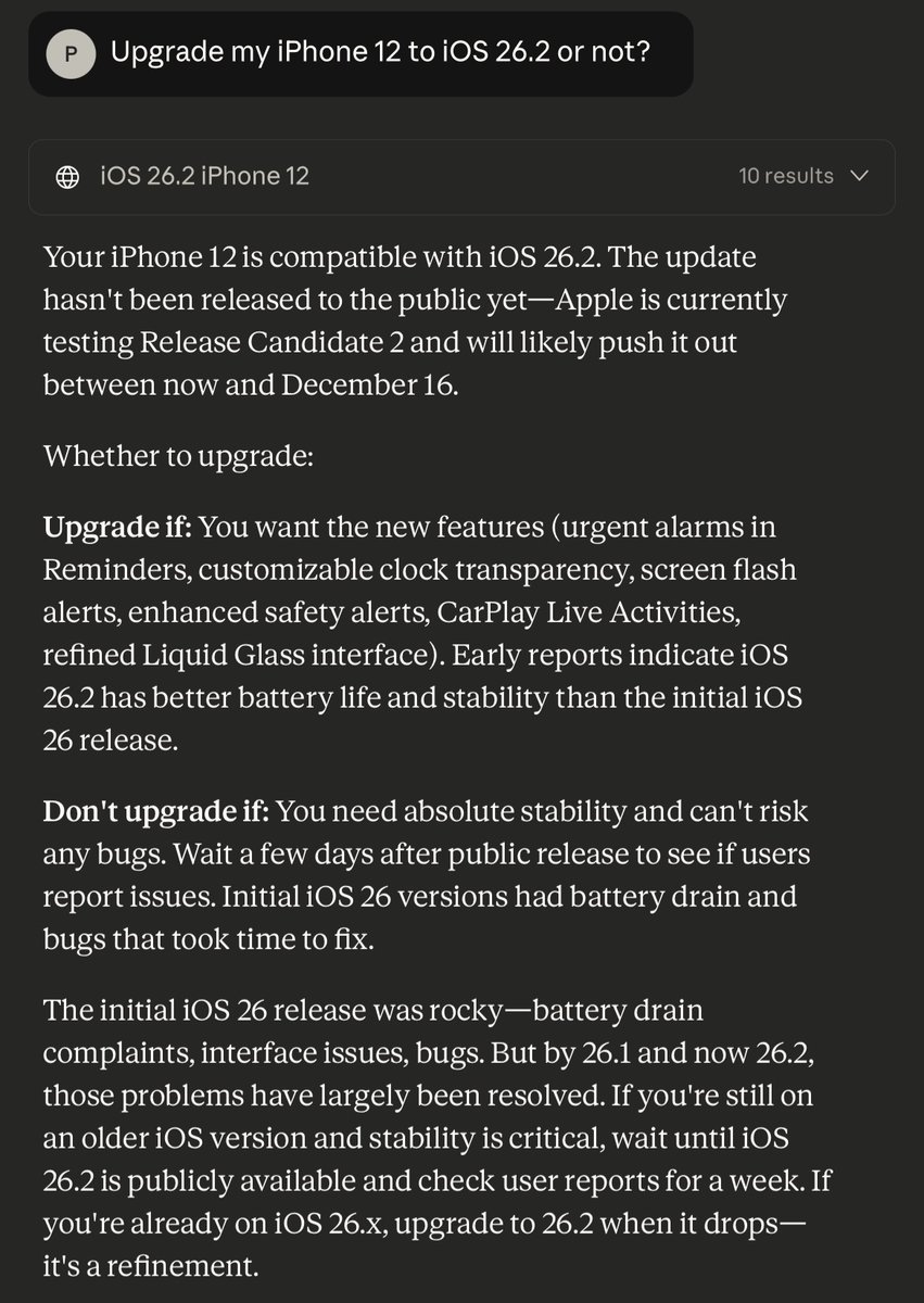 CyberSecPathway's tweet photo. Responses to my question from Claude Sonnet 4.5 and Kimi K2 (both free versions).

“Upgrade my iPhone 12 to iOS 26.2 or not?”

Claude link: https://t.co/QqifHIyoZg

Kimi link: https://t.co/8IUCGb13kE https://t.co/d9HvV58MLr