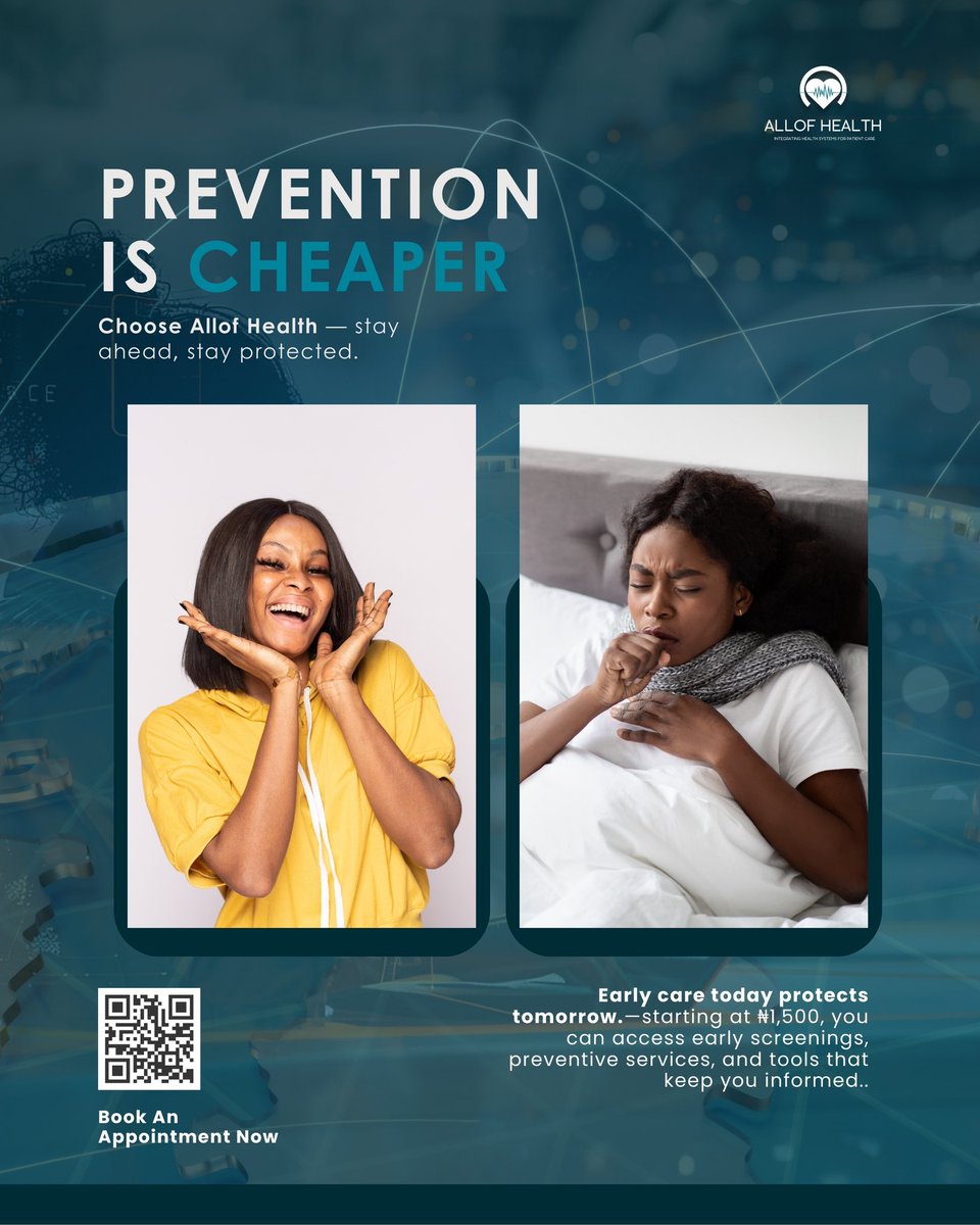 allof_health's tweet photo. Why wait until it hurts? 🤒

Treating sickness costs a fortune, but preventing it starts at just ₦1,500.

Be smart with your health and your money. Stay ahead, stay protected. 💙

Book your appointment now: https://t.co/crU5KbzI6p 

#PreventionIsCheaper #AllofHealth #SmartHealth https://t.co/POwJGqr34l