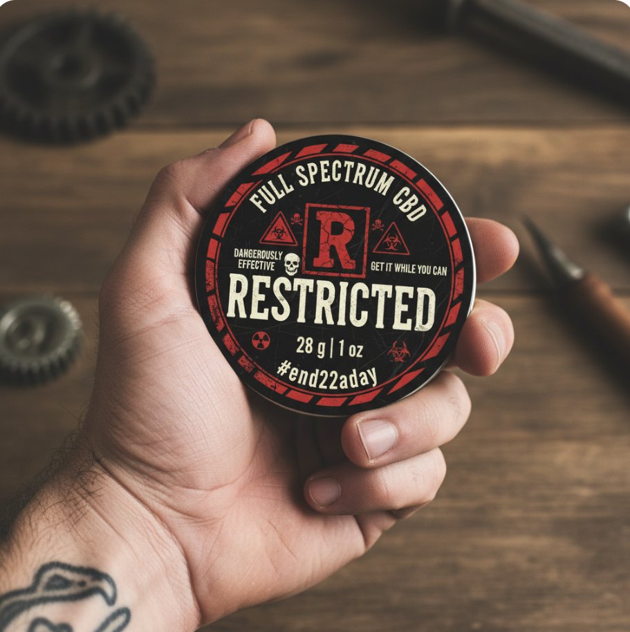 SSOChief's tweet image. Dangerously Effective. Get it while you can.
RESTRICTED  limited-edition full spectrum CBD salve. The outlaw run. No apologies. Small-batch crafted, tested, built for results. 
Try one. Support #End22aDay
#Restricted #FullSpectrumCBD #VeteranOwned #End22aDay #SunnysideOfChief