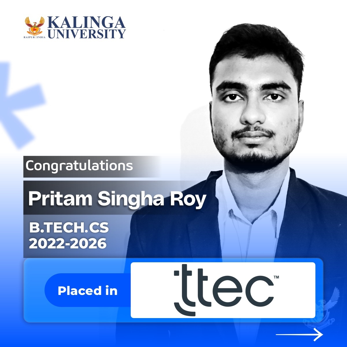 Kalinga_CG's tweet photo. A proud moment marks this academic session as Kalinga University celebrates the remarkable achievement of https://t.co/hkMfriYmml. CS (2022–2026) students Ankur Kunal, Lipika Sahu, Pritam Singha Roy, and Shruti Sharma on securing placements at TTEC. https://t.co/oYu4WBFDi8