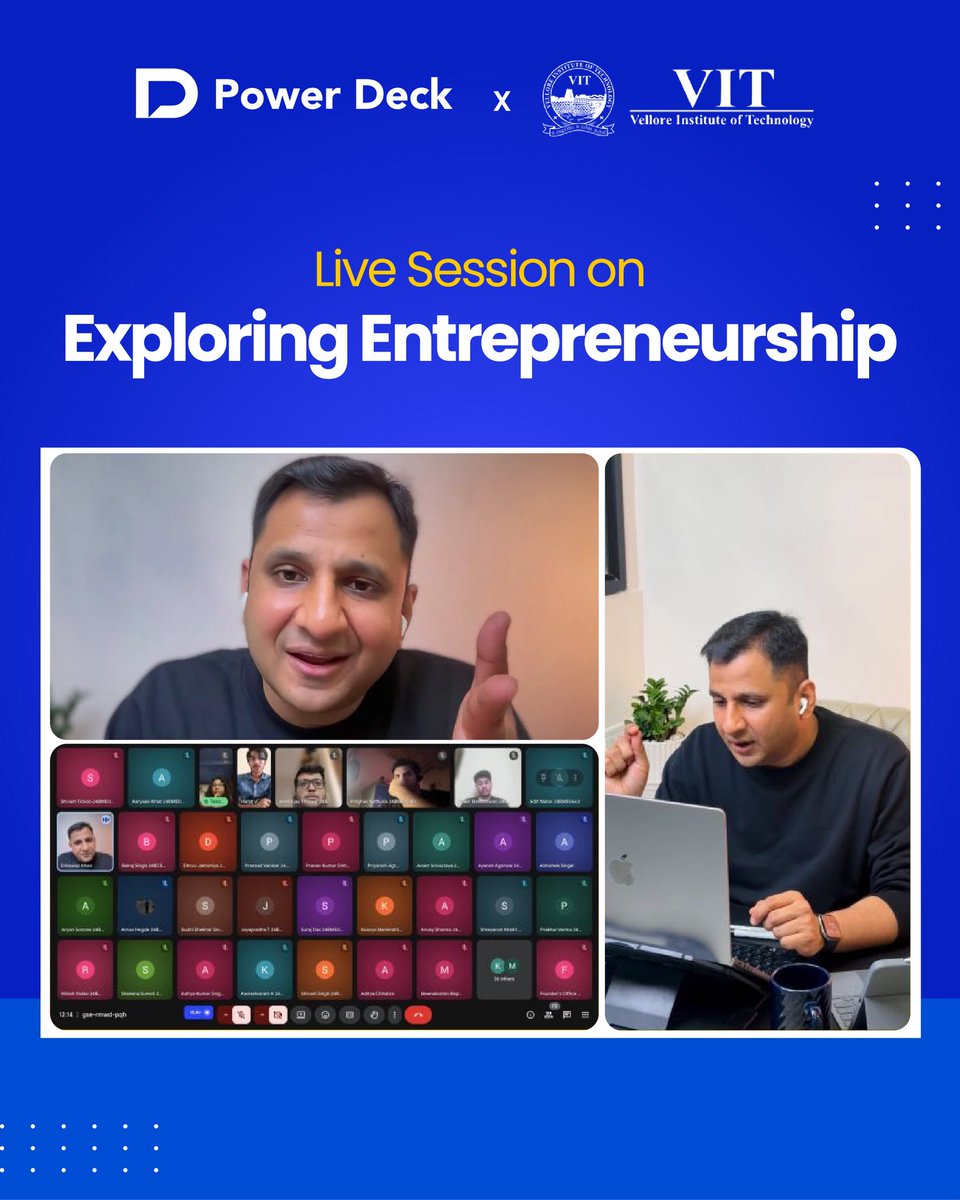 power_deck's tweet photo. A powerful live session with Vellore Institute of Technology, where we dived deep into the fundamentals of entrepreneurship and what it really takes to build. 🚀

Grateful to engage with such an energetic group of future founders! https://t.co/smaeF0sxSD