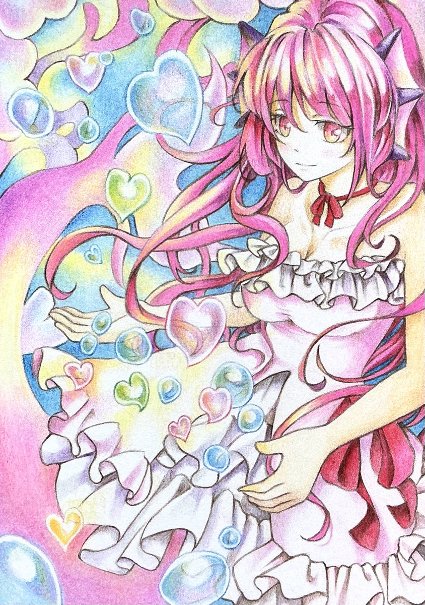 ピンク水着の美人キャラクター色鉛筆画 恋の泡真珠」 ピンクのマーメイドちゃんが恋心をハートの泡に変えて