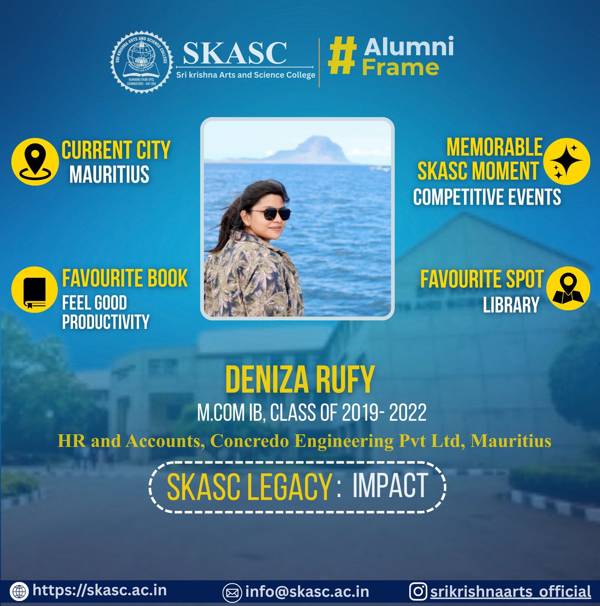 Alumni Spotlight – Deniza Rufy 
M.Com. IB, Class of 2019–2022 HR &amp; Accounts, Concredo Engineering Pvt. Ltd., Mauritius

#ConcredoEngineeringPvtLtd #Mauritius #Alumni #IB #IIM #IIT #NIT #MIT #IISc #SKASCGlobalPresence #Highereducation #MinistryofEducation #MoE