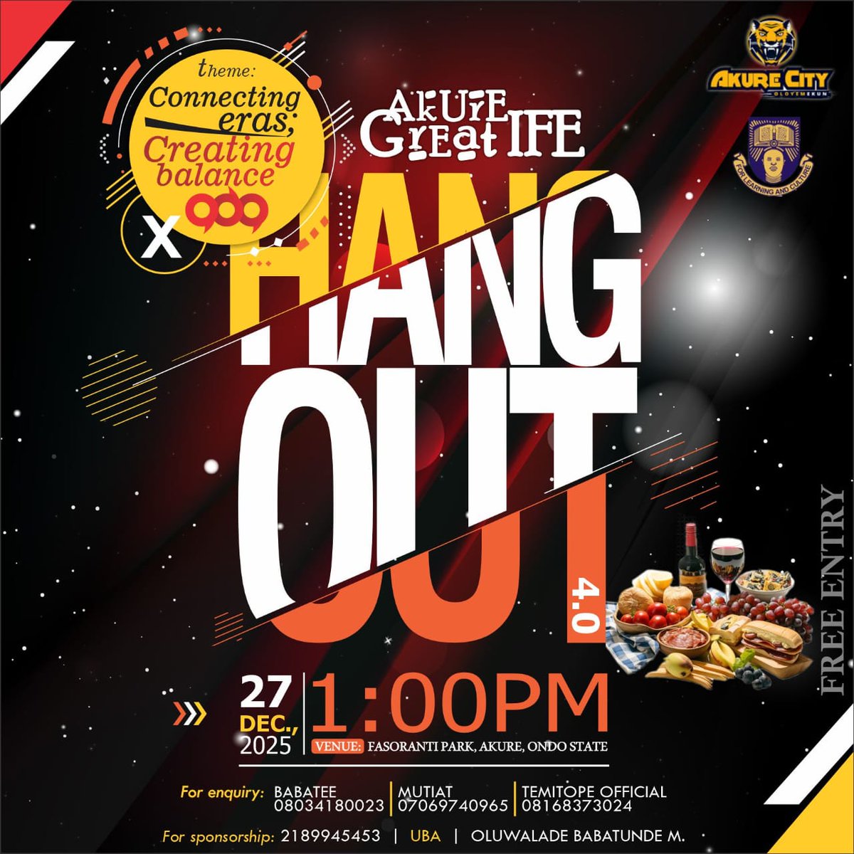 Ondo State × Akure × Great Ife!🔥
This December, we’re shutting it down in the most vibrant way!
Connecting eras; Creating balance.
It’s not just a hangout—it’s a vibe,a reunion, a celebration.
📍Fasoranti Park,Akure
🕐 27th Dec | 1PM
Come with your energy. we’re making memories!