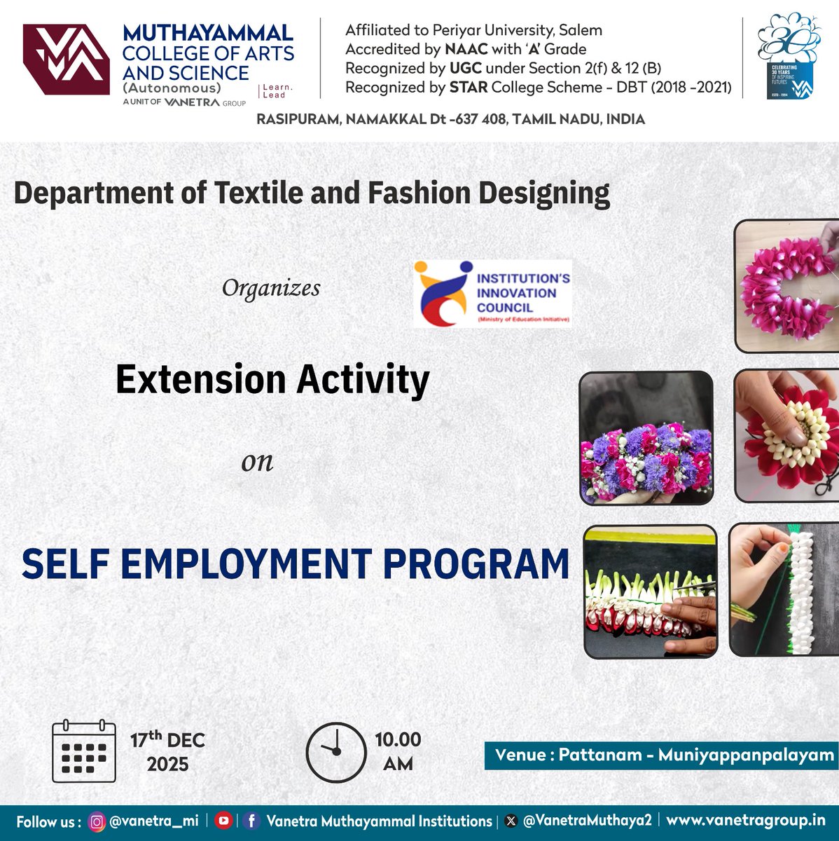 VanetraMuthaya2's tweet image. ✨ Self Employment Program | Extension Activity
Organized by the Dept. of Textile &amp;amp; Fashion Designing, MCAS
📅 17 Dec 2025 | ⏰ 10 AM
📍 Pattanam – Muniyappanpalayam

#SelfEmployment #ExtensionActivity #MCAS #SkillDevelopment #VANETRA