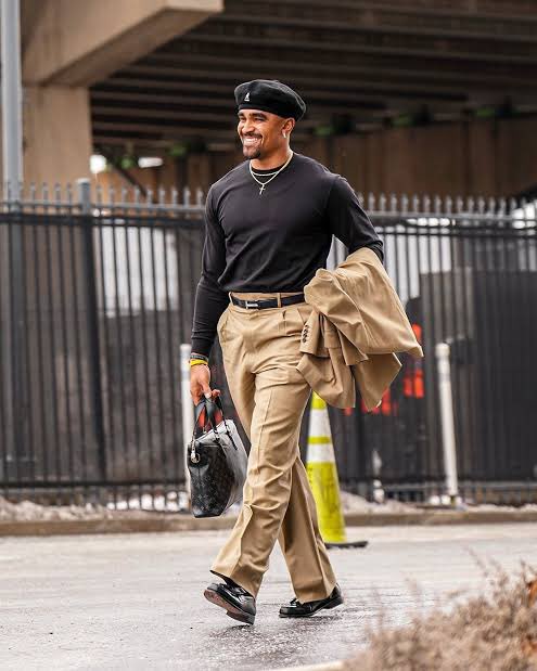 EJSmith94's tweet photo. Update on my dad and Jalen Hurts’ wardrobe having so much crossover: 

“I don’t dress like him. *He* dresses like me.” https://t.co/wNh96iqhH5