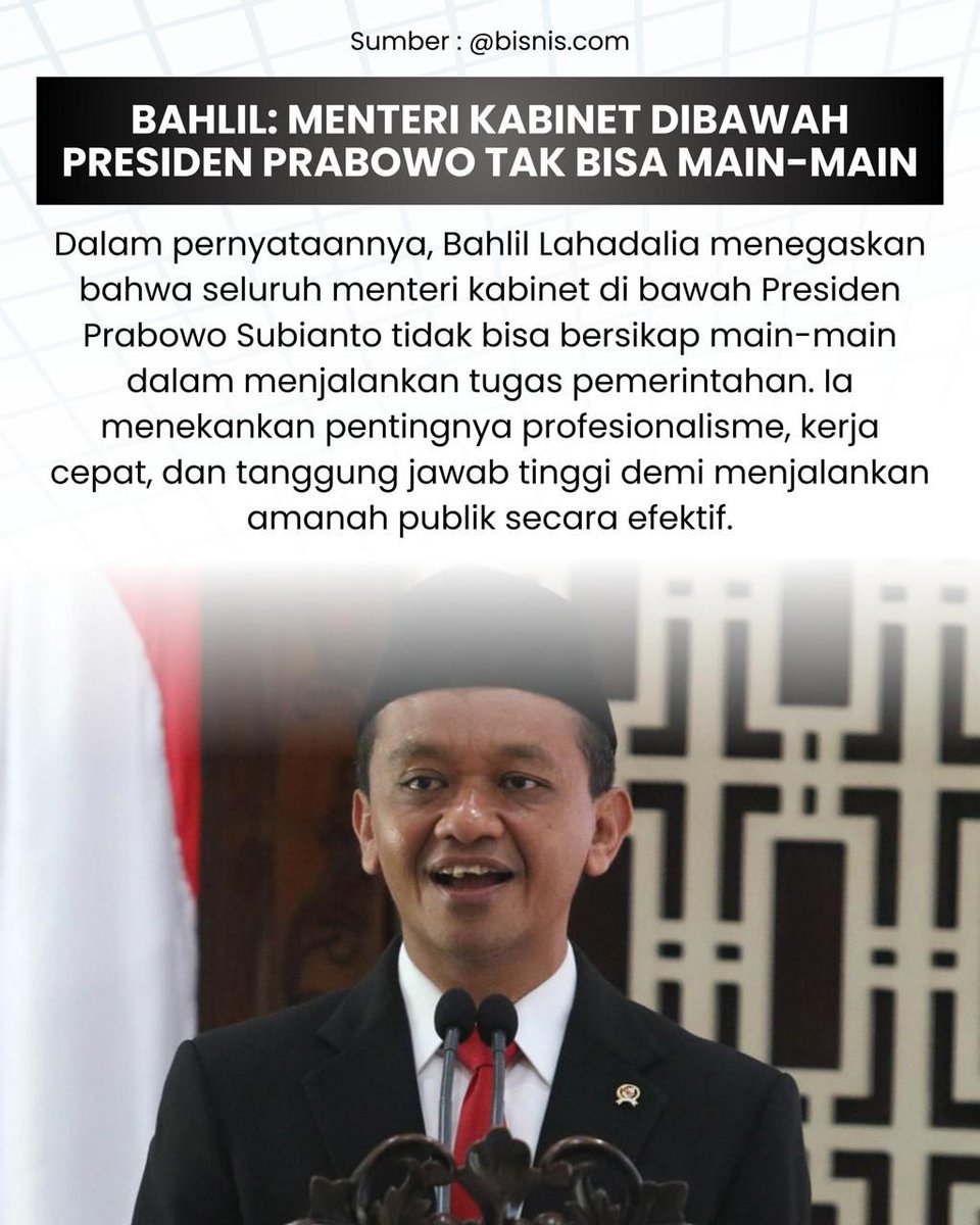 beritamanalagi's tweet photo. Bahlil menegaskan menteri di bawah Presiden Prabowo harus kerja serius dan tak bisa main-main. Fokusnya tetap pada pelayanan publik dan hasil nyata.
#berita #bahlillahadalia #presidenprabowo #kabinet #darirakyatuntukenergi https://t.co/NsoKWNAUGa