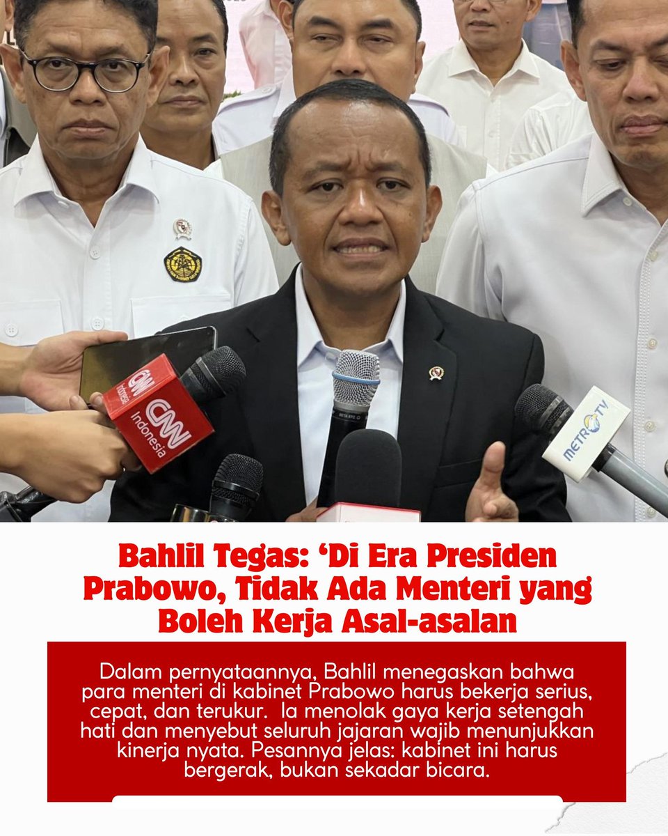 beritamanalagi's tweet photo. Bahlil menegaskan menteri di bawah Presiden Prabowo harus kerja serius dan tak bisa main-main. Fokusnya tetap pada pelayanan publik dan hasil nyata.
#berita #bahlillahadalia #presidenprabowo #kabinet #darirakyatuntukenergi https://t.co/NsoKWNAUGa