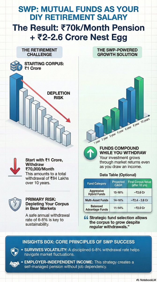 Garg_Aditya_'s tweet image. 𝐇𝐚𝐜𝐤 𝐟𝐨𝐫 𝐑𝐞𝐭𝐢𝐫𝐞𝐦𝐞𝐧𝐭 𝐒𝐚𝐯𝐢𝐧𝐠𝐬, read in detail⬇️

You can turn a ₹𝟏 𝐜𝐫𝐨𝐫𝐞 mutual fund corpus into your own 𝐠𝐨𝐯𝐞𝐫𝐧𝐦𝐞𝐧𝐭 𝐩𝐞𝐧𝐬𝐢𝐨𝐧 using a Systematic Withdrawal Plan (SWP)—without touching a single FD or rental headache.

On a ₹1 crore…