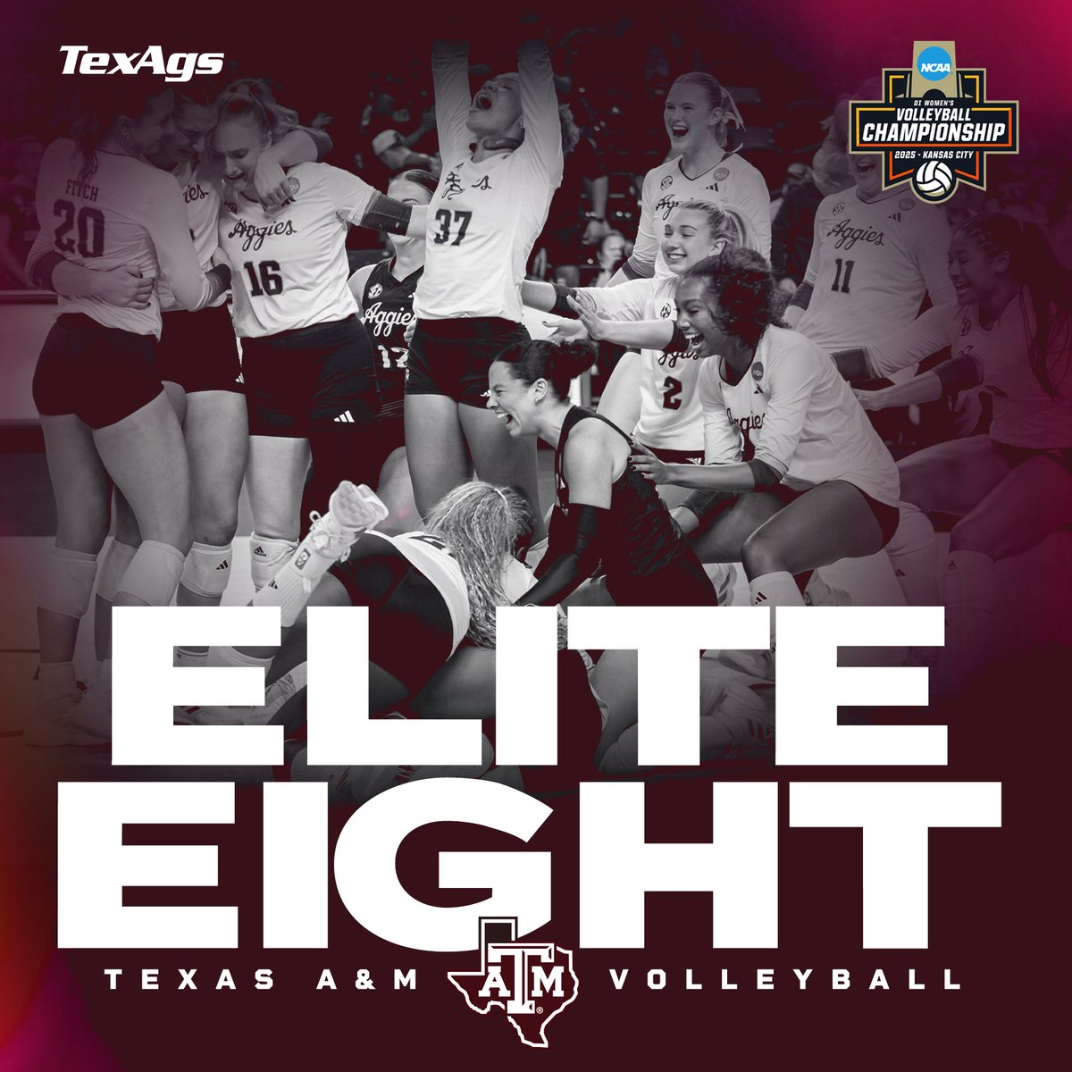 TexAgs's tweet photo. For the first time since 2001, your FIGHTIN' Texas Aggies are going to the Elite Eight ‼️🏐

#GigEm https://t.co/tynLWXYw0P
