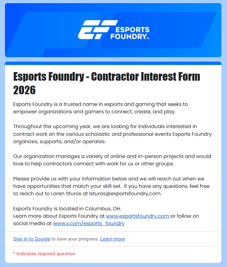 WBBChris's tweet photo. Upcoming a few End of Year announcements, I feel it appropriate to share this first:

ESPORTS FOUNDRY IS ADDING TO OUR CONTRACTOR DATABASE! 
Help us support remote and live events in 2026. 💪

Tell us who you are so we know who YOU are!
https://t.co/PMn3gkLY0Y
RT Appreciated 🙏 https://t.co/03YwAse9im