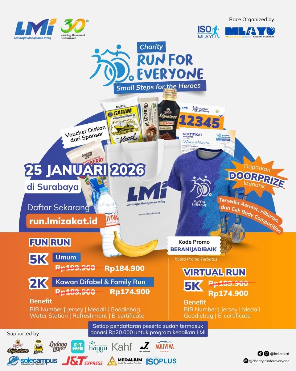 eventsurabaya's tweet photo. RUN FOR EVERYONE: Fun run + charity! (MASIH DIBUKA โผ)
25 Januari 2026
Surabaya
Semuanya bisa ikut, termasuk virtual run!
Yuk, daftar di https://t.co/WWll09H4bk
#FunRun #VirtualRun https://t.co/FeIHRRdvKS