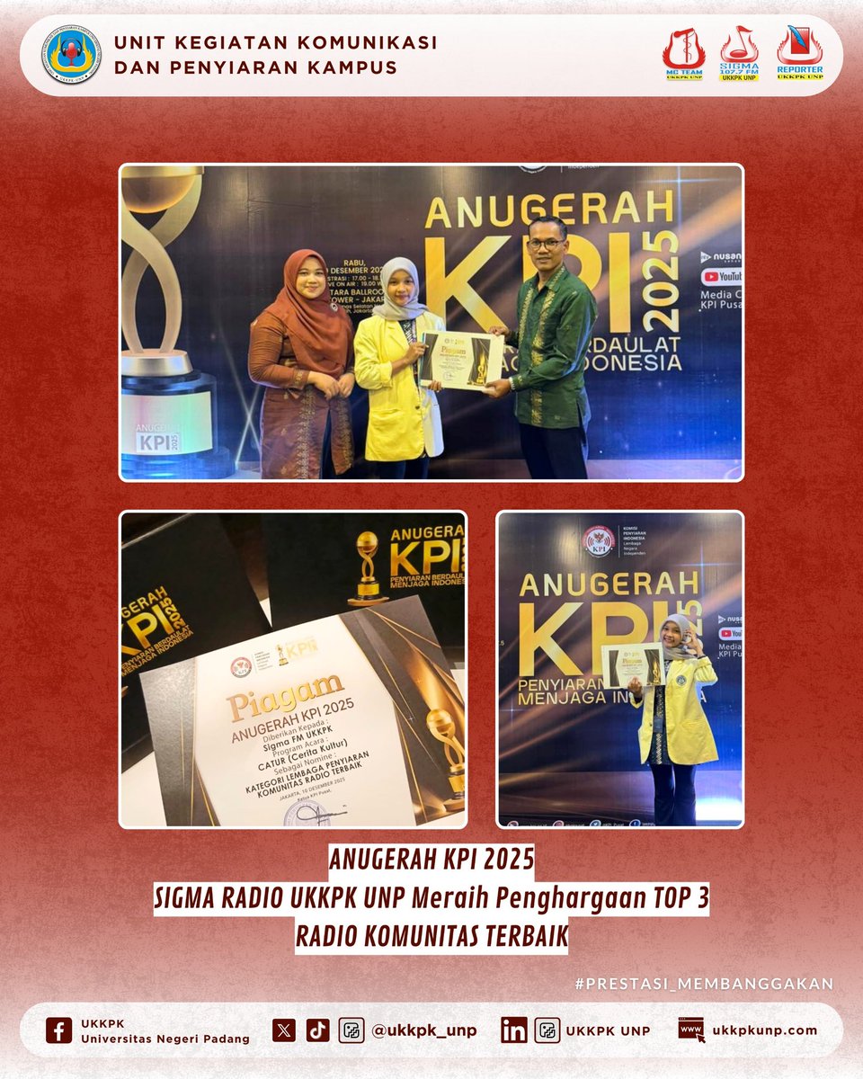 Hai Intelektual Muda👋🏼

Alhamdulilah, Selamat buat Sigma Radio yang diwakili oleh Kabid Radio UKKPK 2025 yaitu Chindy Afrilia dalam penganugerahan KPI 2025 meraih Top 3 Kategori Radio Komunitas Terbaik.

Wish you all the best and see you next🤗