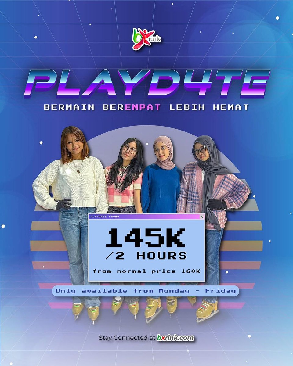 Liburan akhir tahun sebentar lagi! Tapi masih bingung mau ke mana?

BX Rink hadir dengan PROMO PLAYDATE!
Ajak min 4 orang, kamu bisa skating 2 jam cuma 145K/orang (harga normal 160K/orang).

Lebih rame, hemat, dan happy! Yuk siap-siap bikin memori liburan paling kece tahun ini!