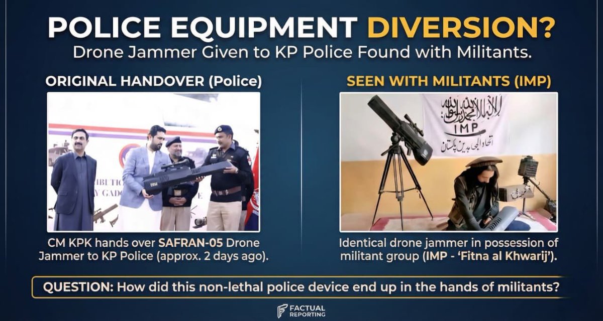 🚨🚨KP پولیس کو اینٹی ڈرون سسٹم دیا گیا 🧨تاکہ دہشتگردی کا مقابلہ بہتر اور جدید  انداز میں کیا جا سکے
💣اگلے دن یہ جدید سسٹم تحریک طالبان کے دہشت گردوں کے ہاتھ پہنچ چکا
❓آخر یہ کیسے ممکن ہوا اور دہشتگردوں کا سہولت کار کون؟
♦️سہیل آفریدی ہے کوئی جواب؟