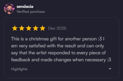 Here’s one of the lovely client reviews for my Christmas YCH. #VGenOpen #vgenartist 

Your friend will definitely love the Christmas gift you gave them. Thank you so much for your kind words! ❤️
