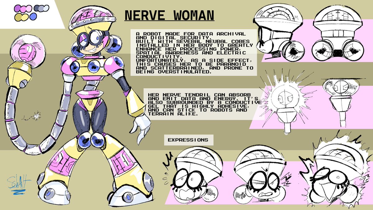 Robot Master Design: Nerve Woman
My take based on the template provided, a nerve cell based electric lass who's a bit on the wiry side.

Pen name: SchAlternate (or SchAlt, for short)
#MegaManDO  #DesignARobotMaster
