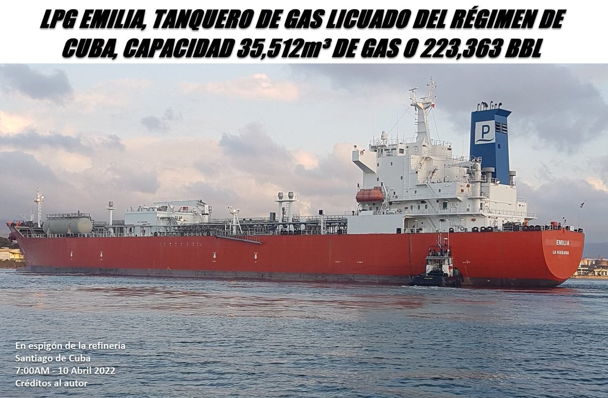 FlconEYES's tweet photo. LPG EMILIA 9242209
Tanquero (LPG) Gas Propano Líquido, de la tiranía de #Cuba, controlado por el @PartidoPCC
Saliendo de #Cienfuegos a esta hora, navega rumbo a #SantiagodeCuba aunque sin nada declarado.
Cala: 9.3 de 10.2 metros.
Para unas 23mil toneladas.
#Now #Cuba #AIS #cubarcos #12Dec