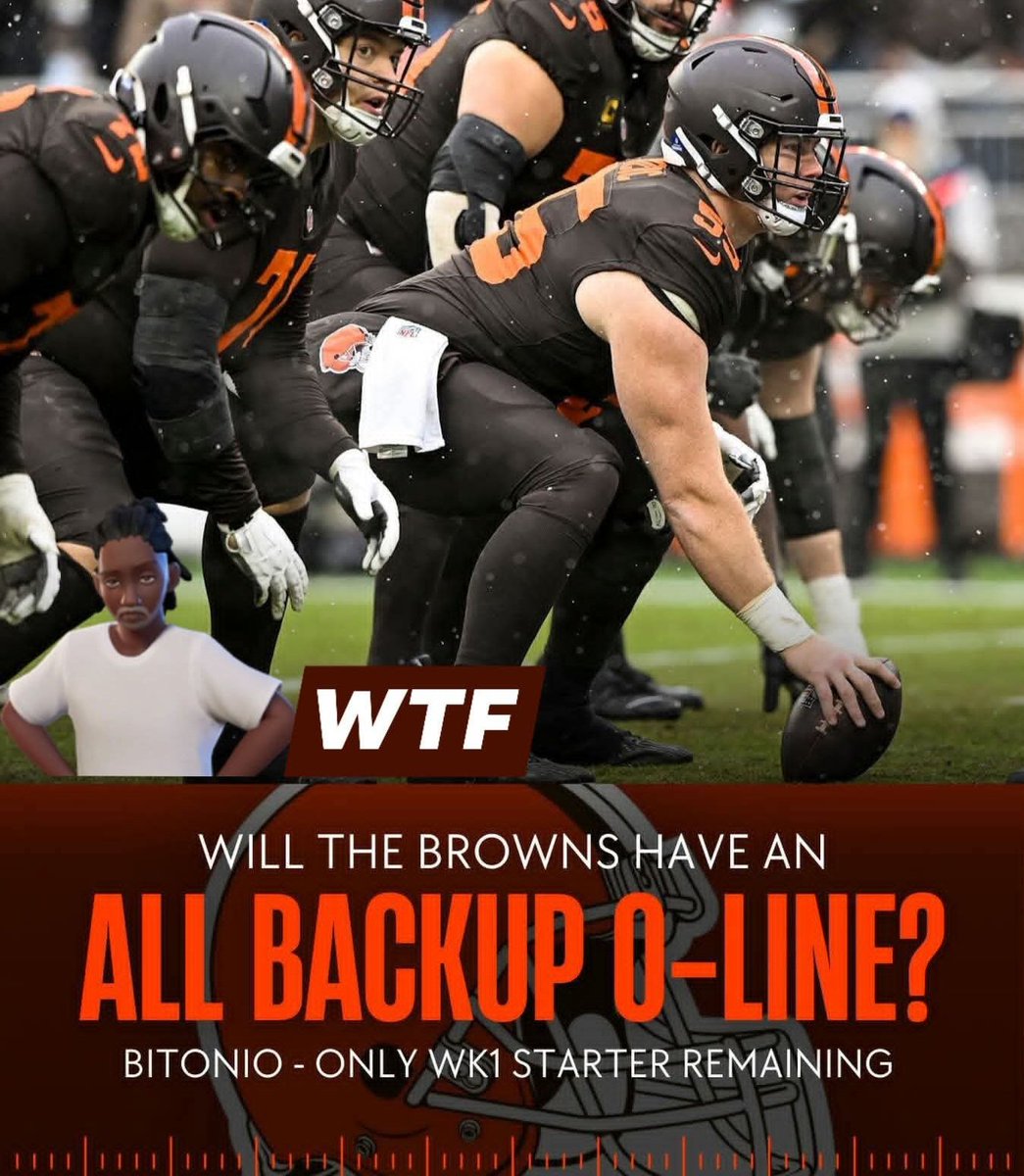 ShedeurTV's tweet photo. The entire Cleveland Browns starting offensive line may be out against Chicago.  WOW, must be first time in NFL history for that.  Wonder how much Kevin Stefanski paid them to take a sick leave 🤔 WTF?  
#oline
#NFLFootball #football #Browns #fyp #ShedeurSanders #NFL #FreeShedeur https://t.co/WocjL8zBl7