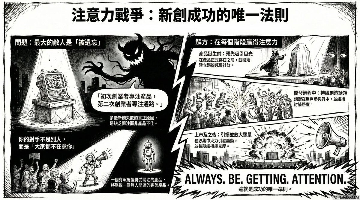 常常聽到大家討論一個關鍵字：ATTENTION（注意力）。
​
#創業、產品圈有一句很有名的話：
​
「初次創業者專注在產品，第二次創業者專注在行銷通路。」
​
為什麼？
​
因為如果沒有人知道你存在
你的創業就會死得很快
​
新創之間不是真正彼此競爭
而是在跟「大家都不在意你」作戰
​
⚠️ 注意力就是一切！