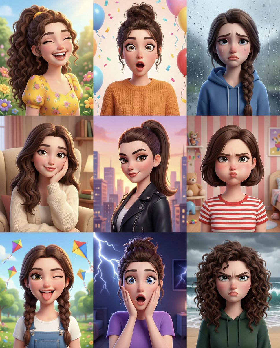 ZaraIrahh's tweet photo. 3D Cartoon Portraits · Rendered with Gemini Banana Pro

Prompt:

{
  "image_prompt": {
    "format": "3x3 grid collage",
    "subject": {
      "face_reference": "uploaded_photo",
      "face_identity_lock": true,
      "face_match_accuracy": "100%",
      "style": "polished smooth 3D cartoon",
      "skin": "soft, smooth, realistic cartoon texture"
    },

    "panels": [
      {
        "expression": "joyful",
        "pose": "bright smile, slightly raised shoulders",
        "hairstyle": "high ponytail",
        "outfit": "pastel hoodie",
        "background": "soft gradient sky blue"
      },
      {
        "expression": "surprised",
        "pose": "hands near face, wide eyes",
        "hairstyle": "loose wavy hair",
        "outfit": "casual t-shirt",
        "background": "light peach backdrop"
      },
      {
        "expression": "sad",
        "pose": "head tilted down, soft eyes",
        "hairstyle": "low bun",
        "outfit": "oversized sweater",
        "background": "muted lavender tone"
      },
      {
        "expression": "tender",
        "pose": "gentle smile, head slightly tilted",
        "hairstyle": "half-up hairstyle",
        "outfit": "soft knit top",
        "background": "warm beige"
      },
      {
        "expression": "daring",
        "pose": "confident gaze, chin slightly raised",
        "hairstyle": "slicked-back hair",
        "outfit": "stylish jacket",
        "background": "deep teal"
      },
      {
        "expression": "puffed cheeks",
        "pose": "cheeks puffed, playful stare",
        "hairstyle": "short bob",
        "outfit": "striped shirt",
        "background": "soft mint green"
      },
      {
        "expression": "playful",
        "pose": "wink with finger near cheek",
        "hairstyle": "space buns",
        "outfit": "fun graphic top",
        "background": "light pink"
      },
      {
        "expression": "shocked",
        "pose": "mouth open, eyebrows raised",
        "hairstyle": "messy loose hair",
        "outfit": "simple blouse",
        "background": "light yellow"
      },
      {
        "expression": "furious",
        "pose": "arms crossed, intense glare",
        "hairstyle": "tight high bun",
        "outfit": "dark fitted top",
        "background": "deep red"
      }
    ],

    "rendering": {
      "lighting": "soft studio lighting, evenly balanced across all panels",
      "shading": "smooth gradients, subtle highlights",
      "quality": "ultra-high resolution",
      "consistency": "harmonized color palette and proportions across all panels"
    },

    "composition": {
      "grid_alignment": "perfectly aligned 3x3",
      "spacing": "equal margins between panels",
      "background_border": "clean solid neutral border"
    }
}