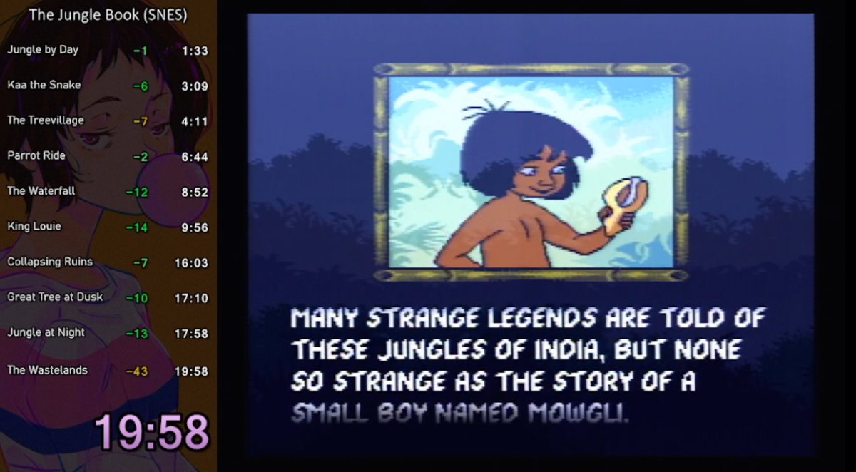 gummve's tweet photo. Disney's The Jungle Book (SNES) speedrun in 19:58 - yay didn't think I'd hit the 19 this soon. nice run! https://t.co/X5GPmnqsfr