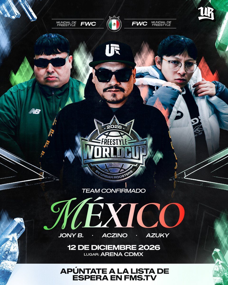 Primer team confirmado: La selección mexicana 🇲🇽

🐐 Aczino, Azuky y Jony Beltrán forman el equipo que representará a México en la Freestyle World Cup, el mundial que reúne a 24 selecciones y a los mejores freestylers del mundo.

El destino: la Gran Final en el Arena CDMX.