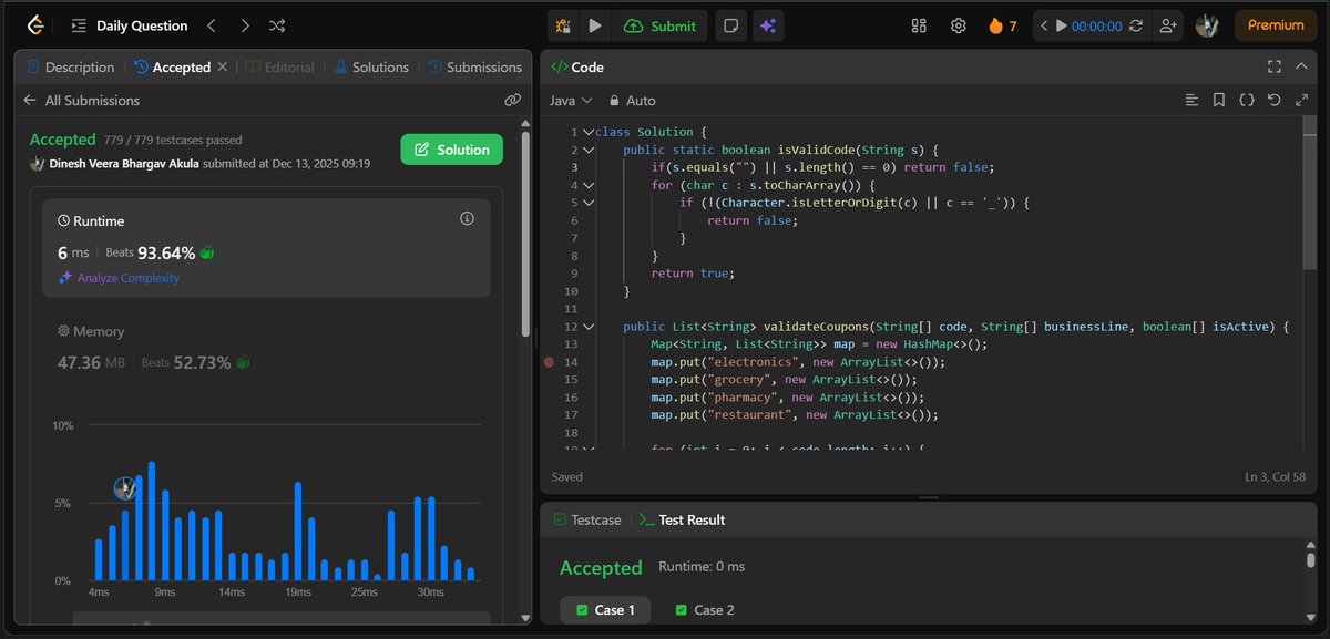 dinu_x012's tweet image. &amp;gt;Day 33/100 of solving leetcode 

&amp;gt;Coupon Code Validator (LC Daily)

&amp;gt;Approach: validate code → filter active coupons → group by business line → sort within each category → merge in required order.

#100DaysOfCode #LeetCode #Java #DSA #Consistency #ProblemSolving