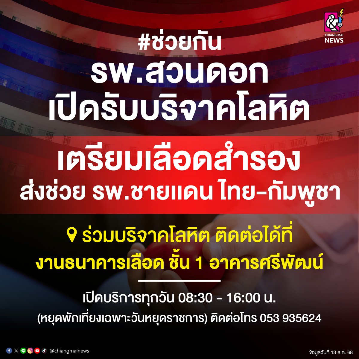 บอกต่อช่วยกัน รพ.สวนดอก จ.เชียงใหม่ เปิดรับบริจาคโลหิต เตรียมสำรองส่งช่วยชายแดน ไทย–กัมพูชา

วันที่ 13 ธันวาคม 2568 โรงพยาบาลมหาราชนครเชียงใหม่ เปิดรับบริจาคโลหิต เพื่อเตรียมเลือดสำรอง สำหรับสนับสนุนการรักษาผู้บาดเจ็บจากเหตุการณ์ความไม่สงบตามแนวชายแดนไทย–กัมพูชา