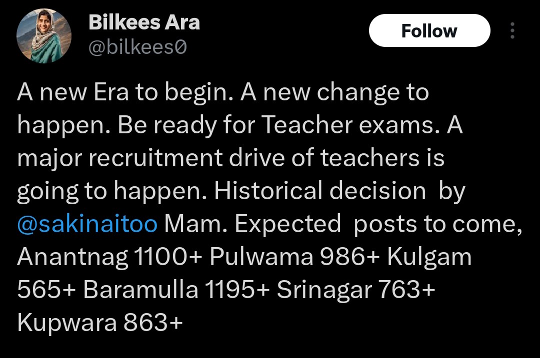 MalikTutorial's tweet image. Every time @bilkees0 reach drops, a fresh “15000 posts coming soon” story pops up.
Same script, same fake hope.
She knows how to exploit the desperation of unemployed youth of J&amp;amp;K.
These aren’t genuine info sources, they’re political IT-cells.

Stop chasing rumours. Focus. Study.