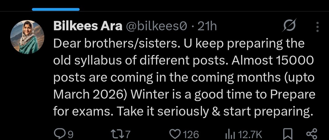 MalikTutorial's tweet image. Every time @bilkees0 reach drops, a fresh “15000 posts coming soon” story pops up.
Same script, same fake hope.
She knows how to exploit the desperation of unemployed youth of J&amp;amp;K.
These aren’t genuine info sources, they’re political IT-cells.

Stop chasing rumours. Focus. Study.