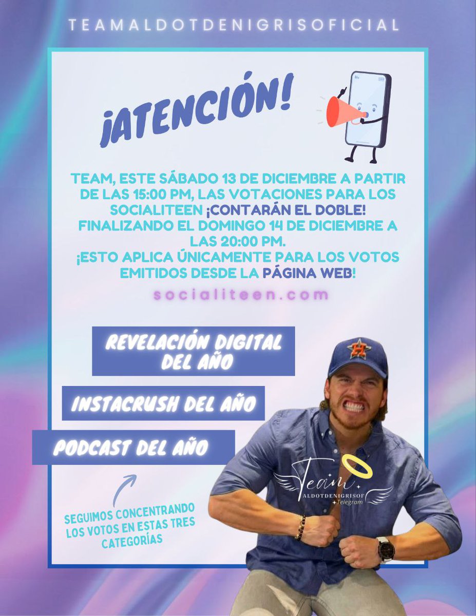 ¡ES HORA DE LA VERDAD! 🚀 

Mañana se activan los VOTOS DOBLES en los Socialiteen Awards, y necesitamos que CADA UNA de ustedes se conecte para hacer la diferencia. 

Cuenten los minutos, preparen sus dispositivos, y mañana a votar sin parar. ¡JUNTAS SOMOS IMPARABLES! 💪🏻