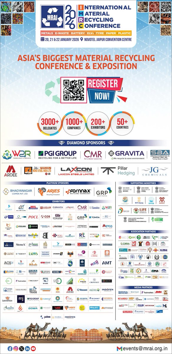 PramodShinde70's tweet photo. Asia’s Biggest Material Recycling Conference &amp; Exposition, IMRC 2026 bringing 3000 global leaders across Metals, E-Waste, Batteries, ELVs, Tyres,&amp; Plastics.
📅 20–22 Jan 2026 | 📍 Jaipur
🔗 Register now and be part of the circular economy transformation. https://t.co/L0kFskt8bO