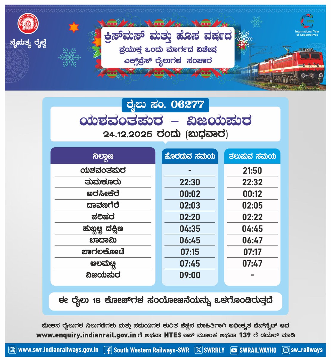 ಕ್ರಿಸ್ ಮಸ್ ಹಾಗೂ ಹೊಸ ವರ್ಷದ ಸಂದರ್ಭದಲ್ಲಿ ಪ್ರಯಾಣಿಕರ ಹೆಚ್ಚವರಿ ದಟ್ಟಣೆಯನ್ನು ನಿವಾರಿಸಲು ಯಶವಂತಪುರ - ವಿಜಯಪುರ ನಡುವೆ ವಿಶೇಷ ರೈಲು ಸೇವೆ.
#SWRupdates #Specialtrains