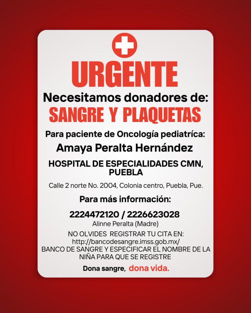 #ServicioSocial Solicitamos de su valiosa colaboración para ayudar a la pequeña Amaya que requiere sangre y plaquetas de manera urgente.

✨️ Es importante que al registrarse para brindar el apoyo se ponga el nombre de Amaya.
 
🙏 Gracias por sumarse a esta causa y por compartir