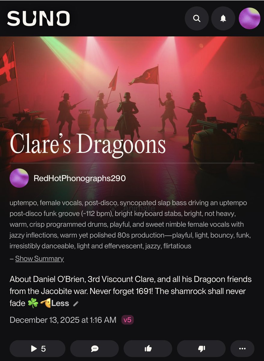 我通常把自己的东西都保密,但这次决定公开,只是为了用这种将深奥的历史与这种音乐风格随机结合起来的方式让人们感到困惑。
这首歌真的太抓耳了!效果好得难以置信。@suno 在 v5 版本上的表现太棒了!