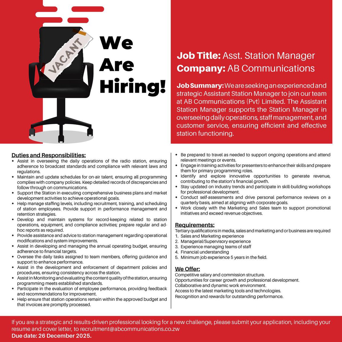 ZiFMStereo's tweet photo. We’re expanding and looking for skilled professionals to grow with us. Apply Now. https://t.co/Z8LePqx47s