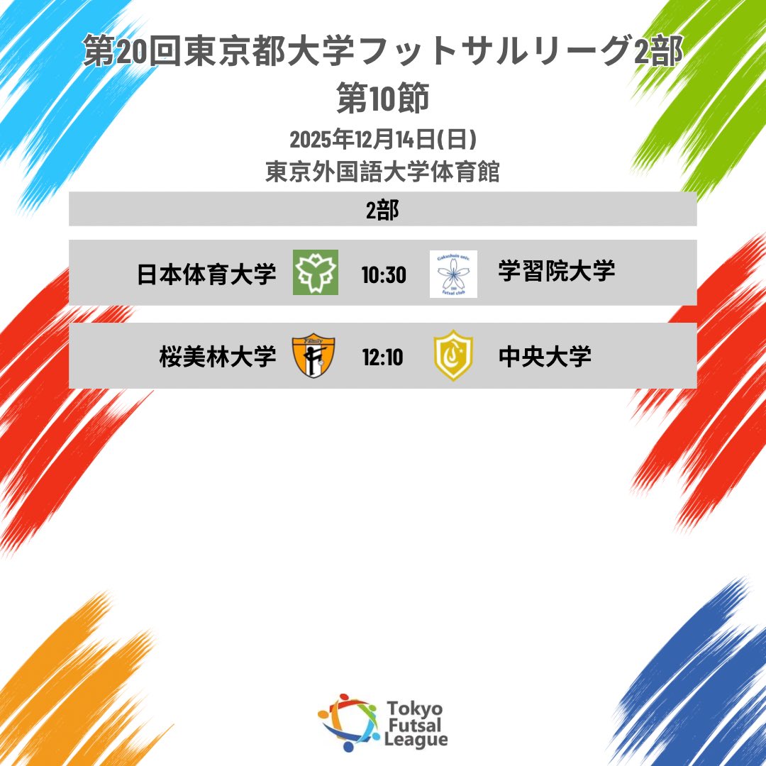 UnivFutsalTokyo's tweet photo. 🔥第10節🔥

第20回東京都大学フットサルリーグ2部第10節
12月14日(日)
東京外国語大学体育館

—2部リーグー
第一試合 10時30分KO

日本体育大学
🆚
学習院大学

第二試合 12時10分 KO
桜美林大学
🆚
中央大学

会場での応援、観戦お待ちしております！🎌 https://t.co/9YZuKtyjuS