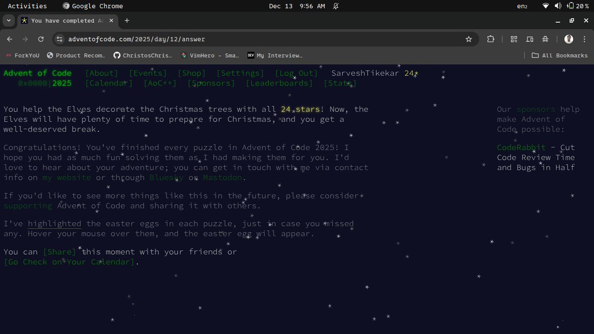who_ssh's tweet image. Completed with Advent of Code 2025. Was a really great learning experience for me as I learned a lot of new programming techniques and algorithms, and has increased my problem solving skills as well.

#AdventOfCode #codingchallenge