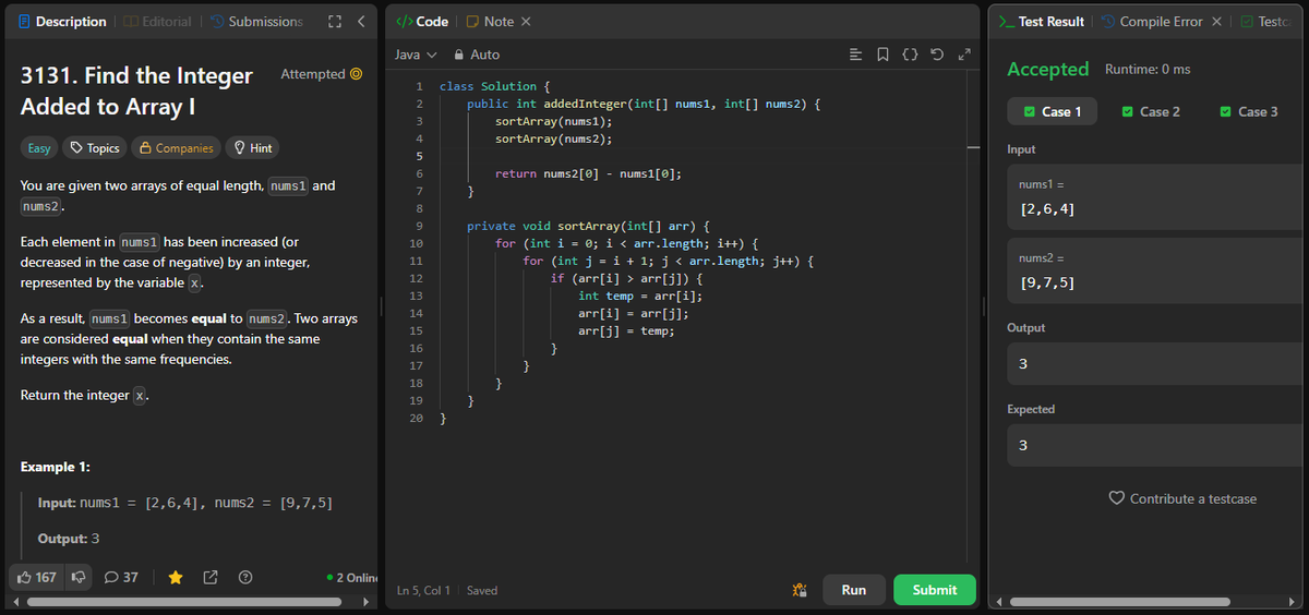 coder_s_Snippet's tweet image. #DailyCodingChallenge
Day 272
Task: Find the integer x that was added to every element of nums1 to make it equal to nums2.
Solution: Sort both arrays and return the difference between their smallest elements, which gives the added integer x.
#LeetCode