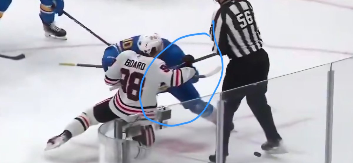 Dungeon_Geek's tweet photo. @spittinchiclets As a Hawks fan watching it from behind Schenn did nothing wrong it is a freak accident he holds bedard up, the force comes from Bedard trying to shoot Schenn just kinda extends arms leans so bedsy cant shoot.Also Bedsy fell due to him trying to push through Schenn leaning on him https://t.co/j3KHHbgXok