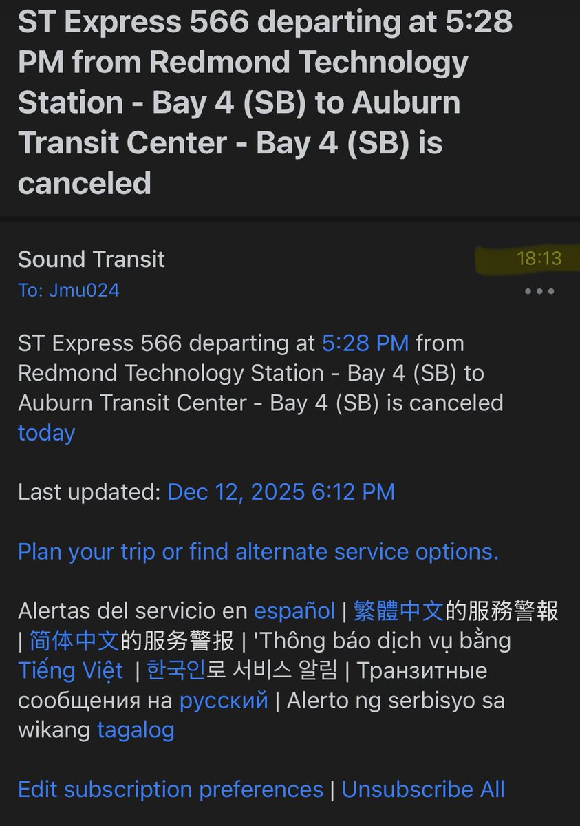 jmu024's tweet photo. @KingCountyMetro @SoundTransit I have signed up for your alerts but they come 45 minutes AFTER the scheduled start time. Kinda useless when the next bus is scheduled 30 minutes later. https://t.co/C2k6gTFCsW