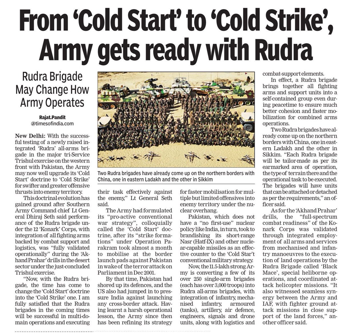 IamRajat_Pandit's tweet photo. #OperationParakram led to doctrinal changes over the years…First, #ColdStart and now, as per Southern Army Command chief Lt-Gen Dhiraj Seth, #ColdStrike! https://t.co/kBEcFwzGsZ