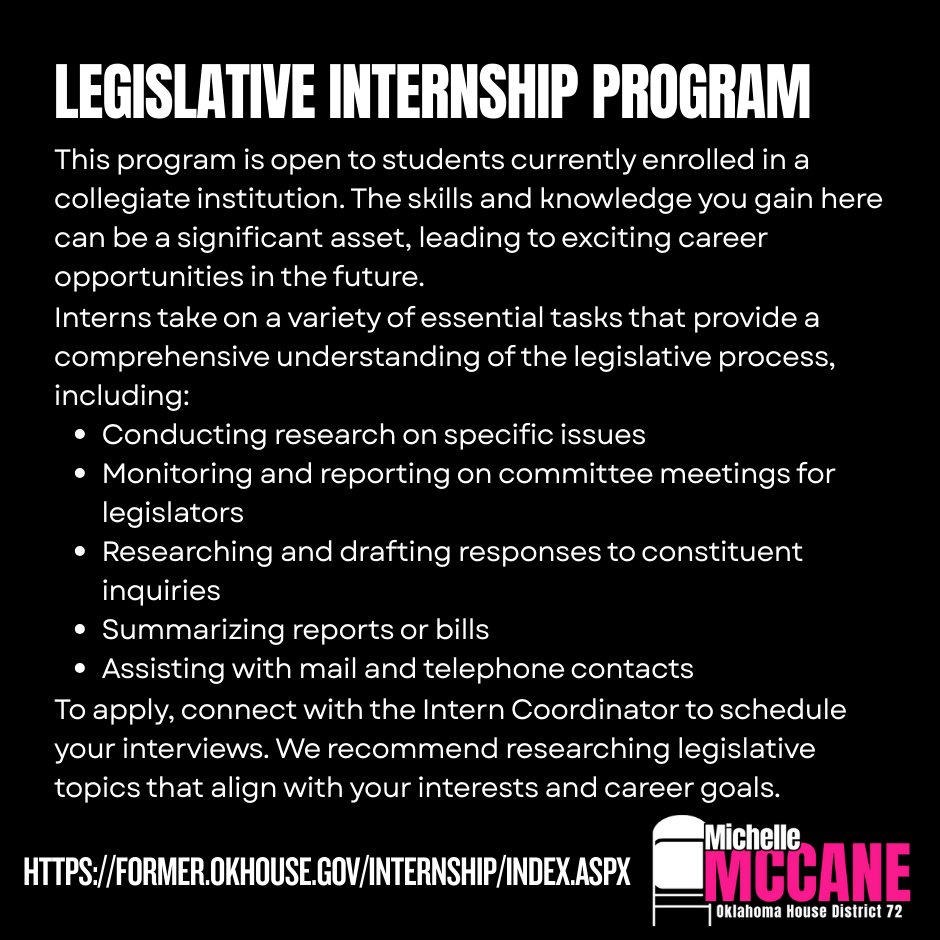 🚨🚨Calling Oklahoma High School &amp; College Students🚨🚨
I'd love the opportunity to welcome you to the House! I have 2 page spots and 1 intern spot. Internship applications must be submitted by December 27th.
Page: former.okhouse.gov/Pages/Index.as…
Internship: former.okhouse.gov/Internship/Ind…