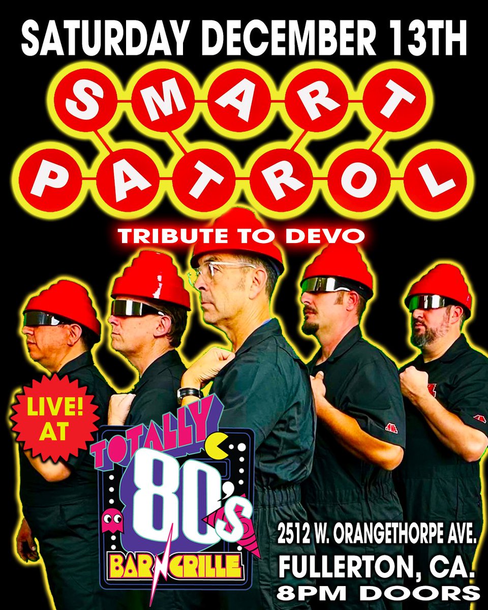 SmartPatrolBand's tweet photo. Tomorrow night! Catch us live @Totally80sBar in Fullerton! 8pm doors, 11pm show time! #SmartPatrol #Devo #Tribute #Band https://t.co/9pS7SLLqix