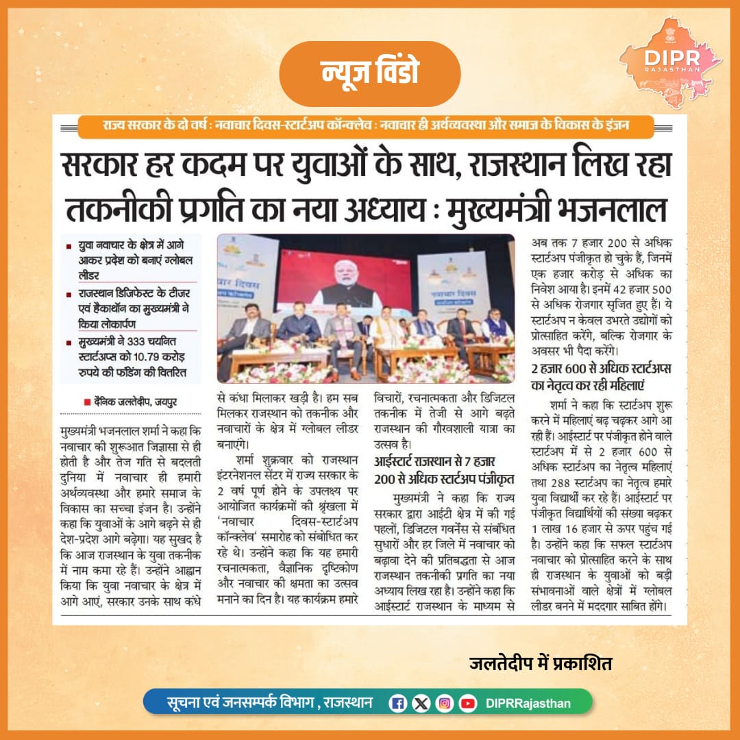 सुर्खियों में राजस्थान...
<a href="/BhajanlalBjp/">Bhajanlal Sharma</a> <a href="/KumariDiya/">Diya Kumari</a> <a href="/DrPremBairwa/">Dr Prem Chand Bairwa</a> <a href="/RajCMO/">CMO Rajasthan</a> <a href="/RajGovOfficial/">Government of Rajasthan</a> 

#DIPRRajasthan #Rajasthan #RajasthanNews #आपणो_अग्रणी_राजस्थान