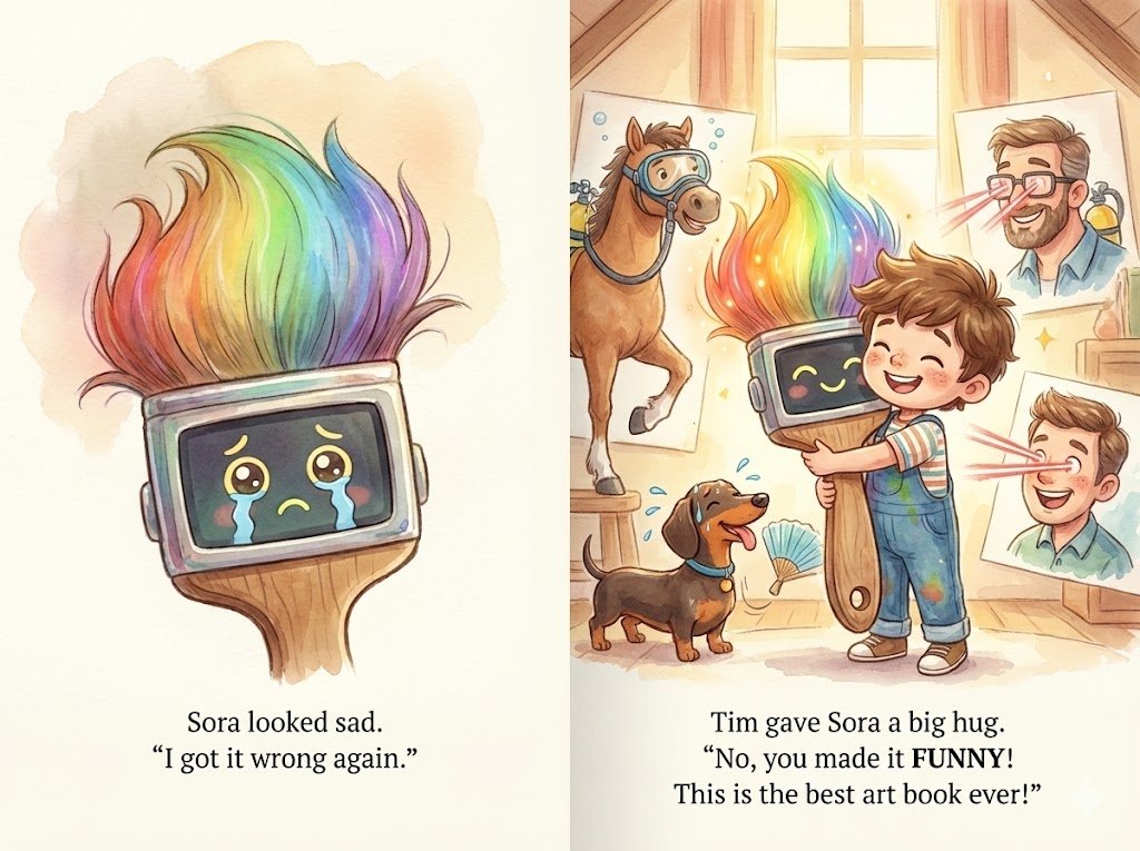 子供向けの本の見開きページのイラスト。
左ページ:魔法の筆ソラのクローズアップ。光る毛先はぼんやりとしていて、画面には悲しそうに泣いている絵文字が表示されています。筆は宙に垂れ下がっています。テキスト:「ソラは悲しそうでした。『また間違え